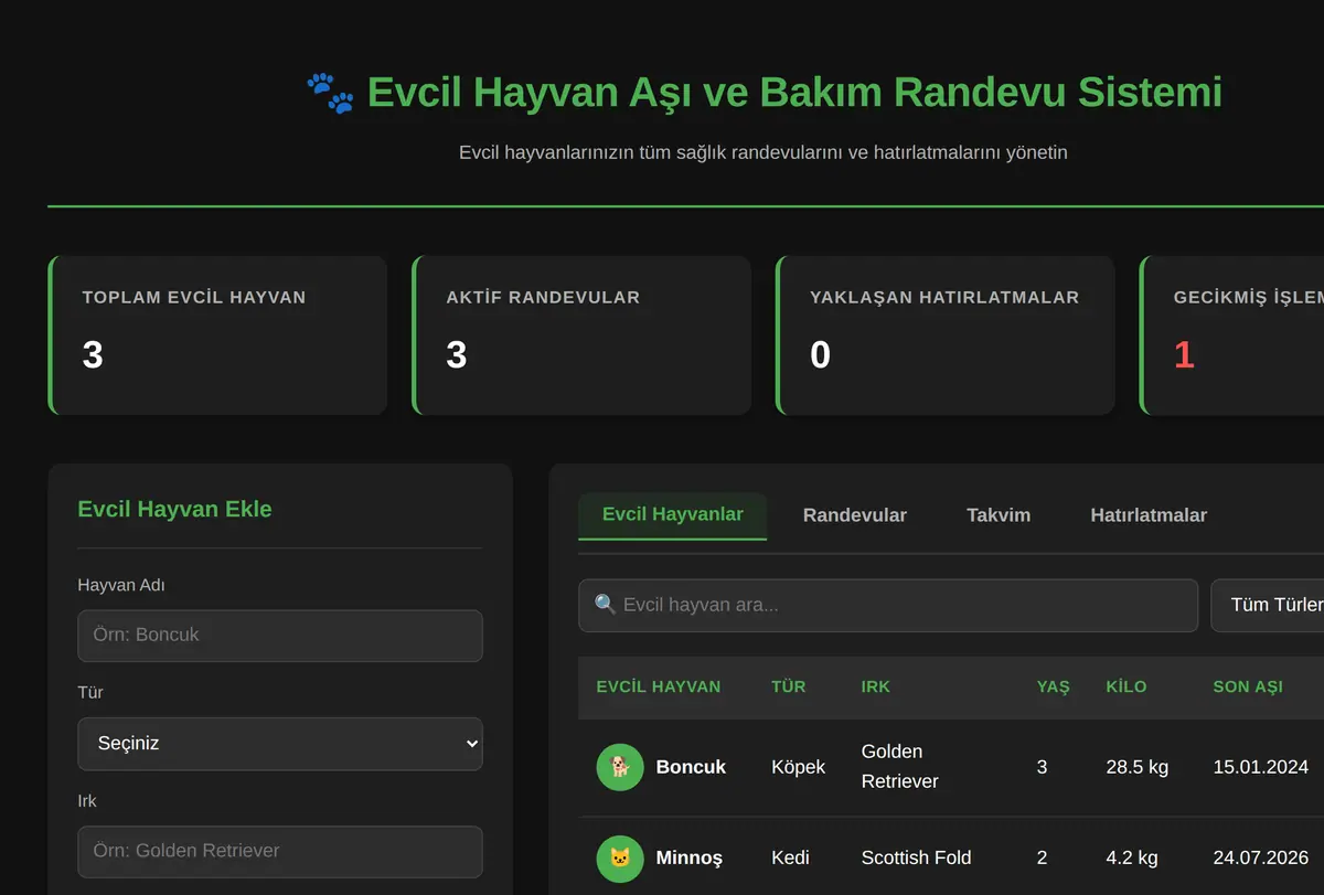 Evcil Hayvan Aşı ve Bakım Randevu Sistemi ekran görüntüsü