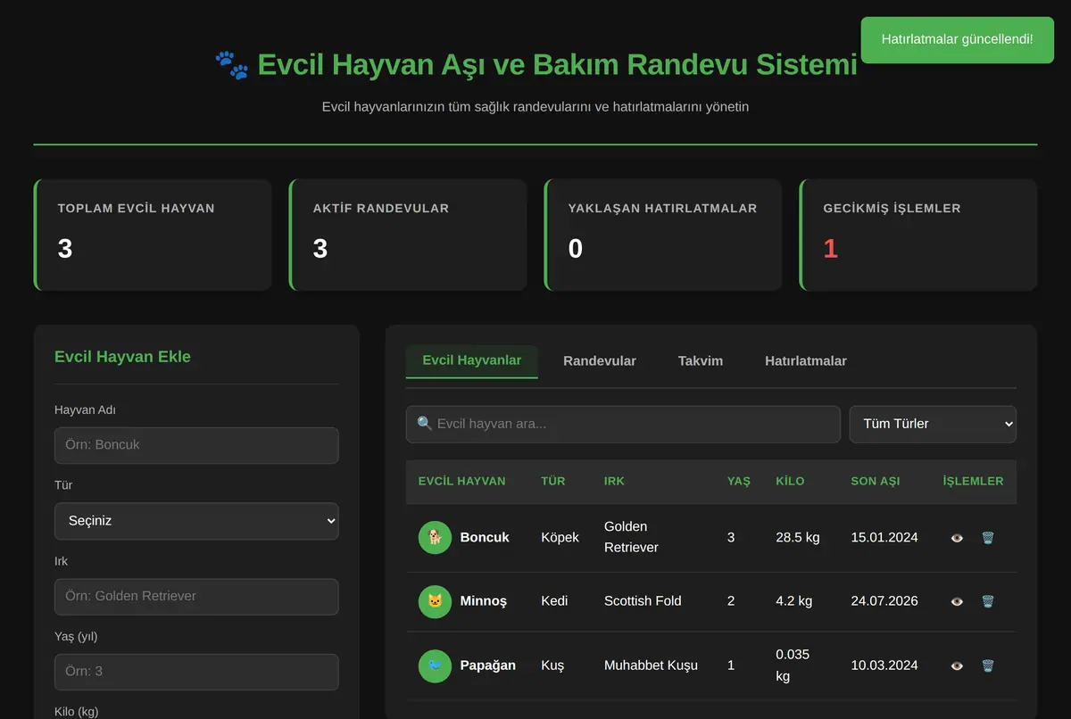 Evcil Hayvan Aşı ve Bakım Randevu Sistemi ekran görüntüsü 2