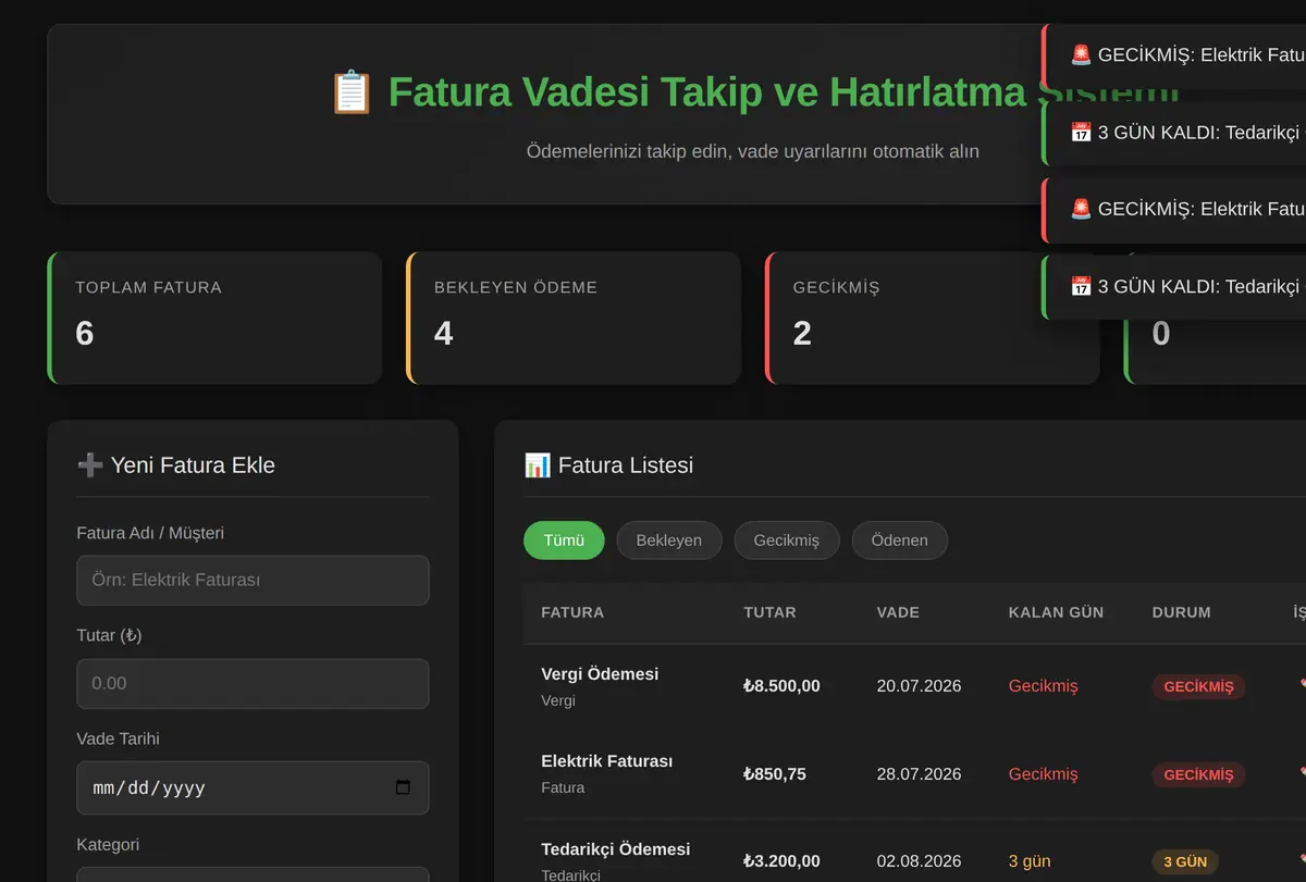 Fatura Vadesi Takip ve Hatırlatma Sistemi ekran görüntüsü