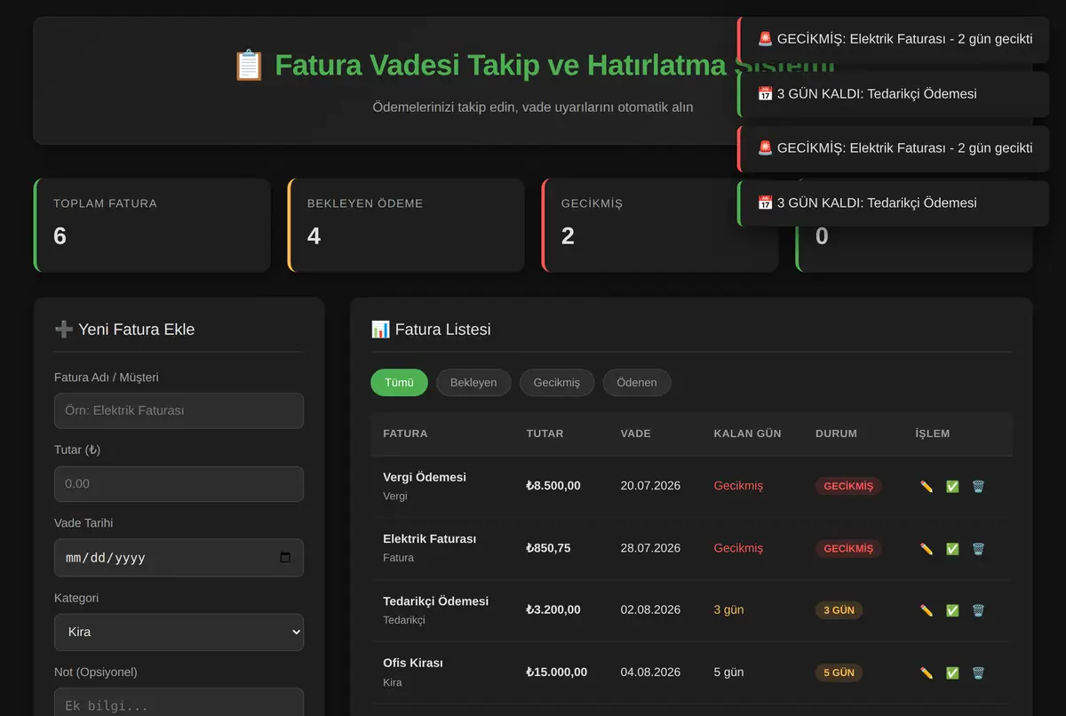 Fatura Vadesi Takip ve Hatırlatma Sistemi ekran görüntüsü 2