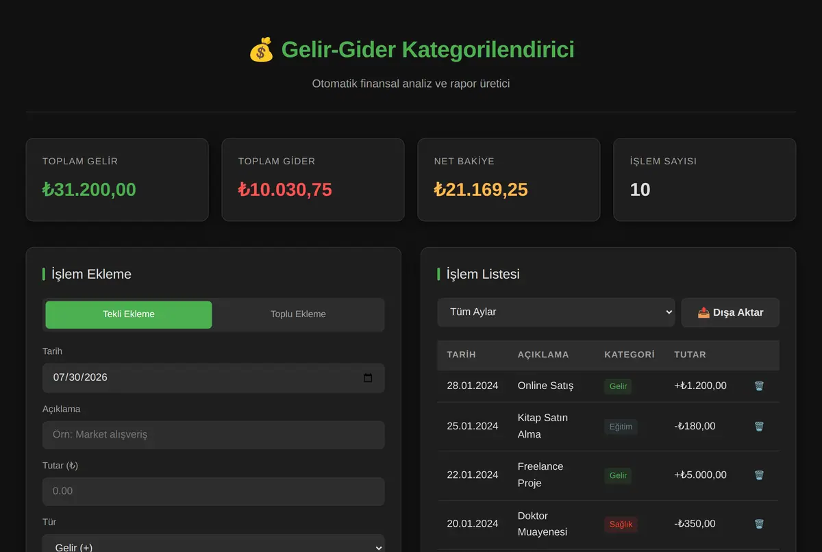 Gelir-Gider Kategorilendirici ve Rapor Üretici ekran görüntüsü 2