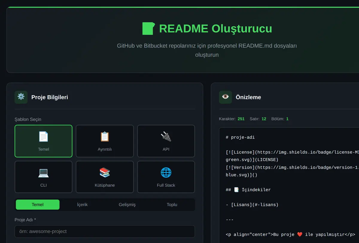 README Oluşturucu: GitHub/Bitbucket Repo Asistanı ekran görüntüsü