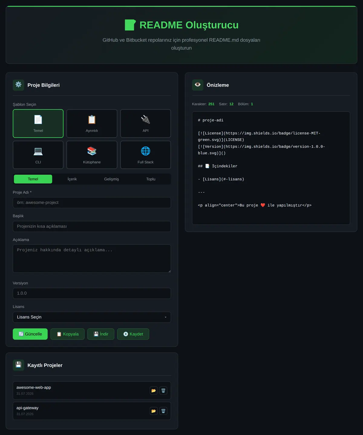 README Oluşturucu: GitHub/Bitbucket Repo Asistanı ekran görüntüsü 3