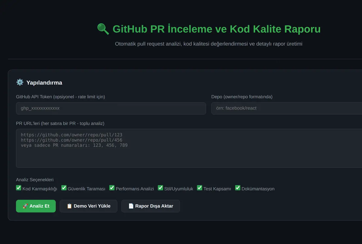 GitHub PR İnceleme ve Kod Kalite Raporu ekran görüntüsü