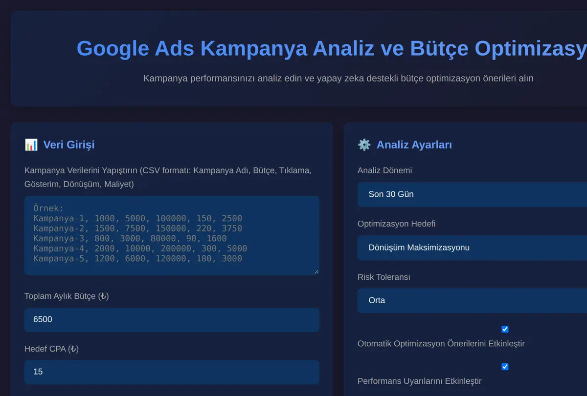 Google Ads Kampanya Analiz ve Bütçe Optimizasyo ekran görüntüsü