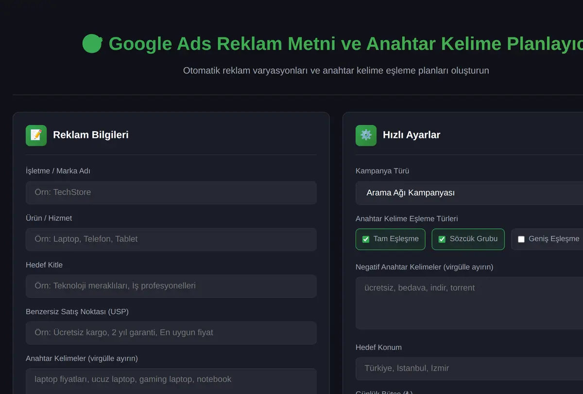 Google Ads Reklam Metni ve Anahtar Kelime Planlayıcı ekran görüntüsü