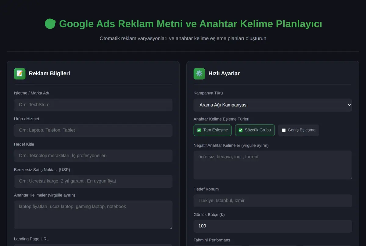 Google Ads Reklam Metni ve Anahtar Kelime Planlayıcı ekran görüntüsü 2
