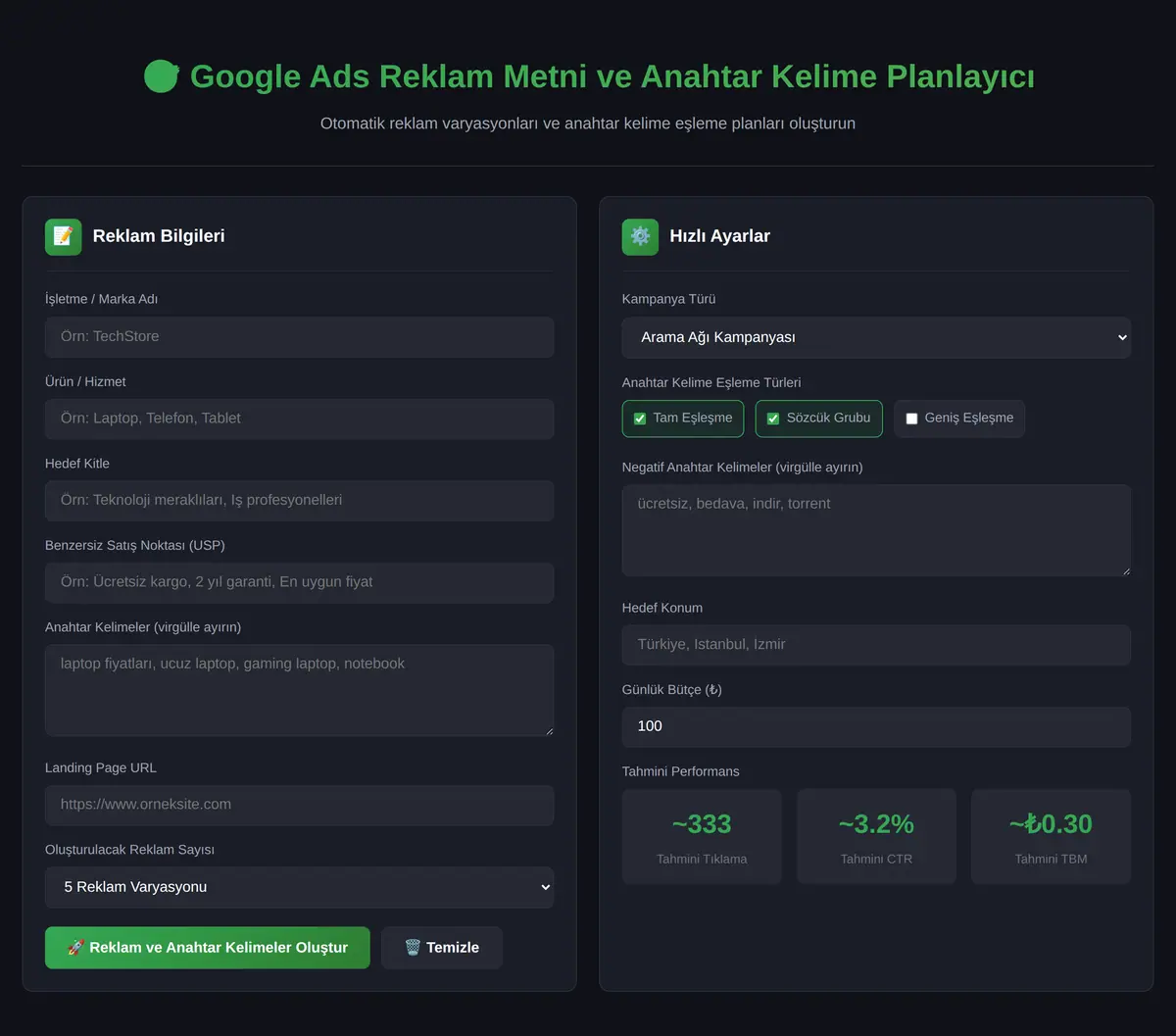 Google Ads Reklam Metni ve Anahtar Kelime Planlayıcı ekran görüntüsü 3