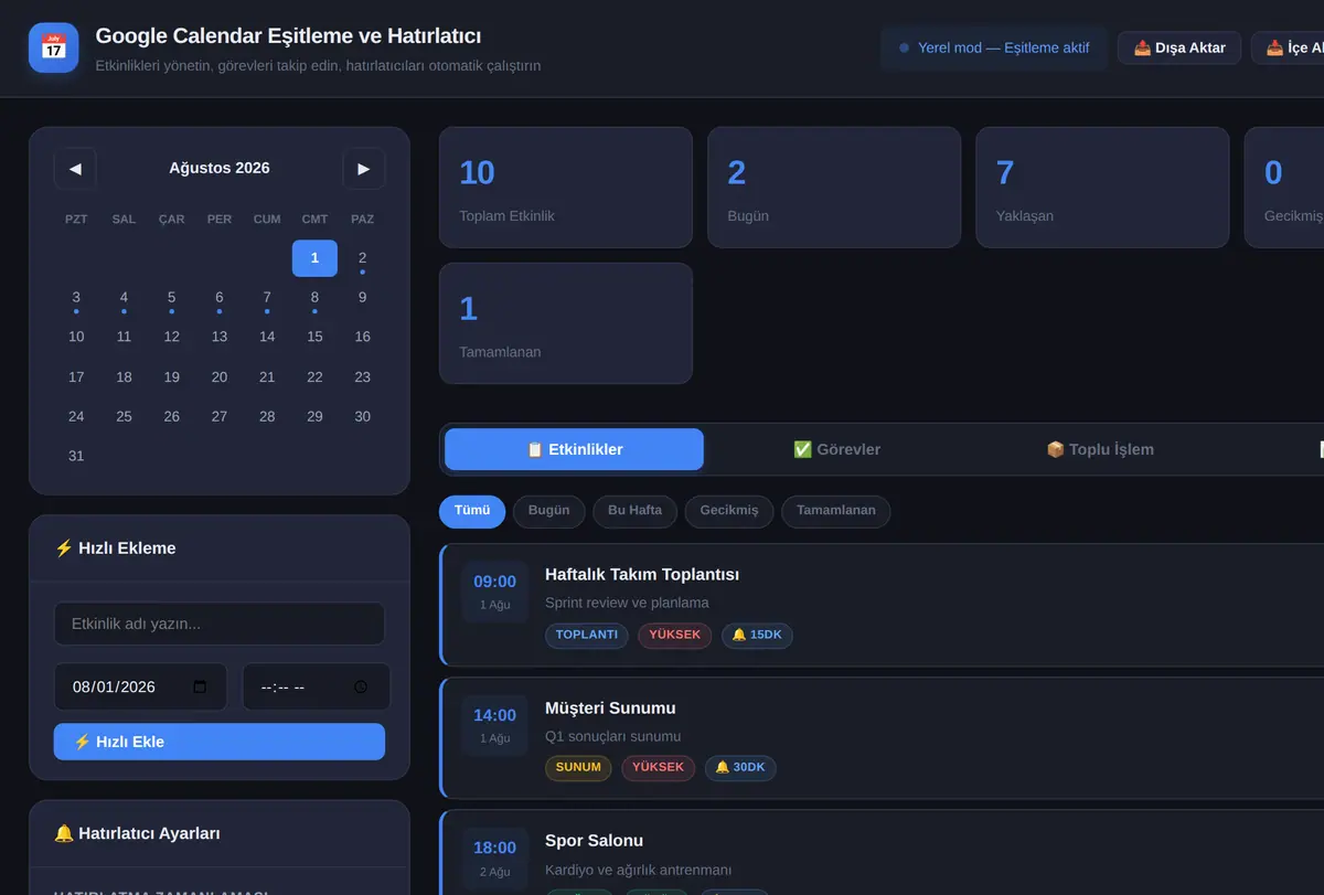 Google Calendar Eşitleme ve Hatırlatıcı Aracı ekran görüntüsü