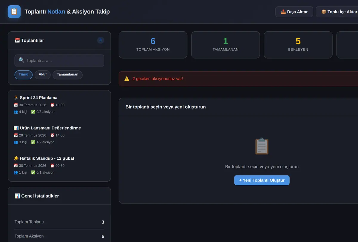 Toplantı Notları ve Aksiyon Takip Aracı ekran görüntüsü