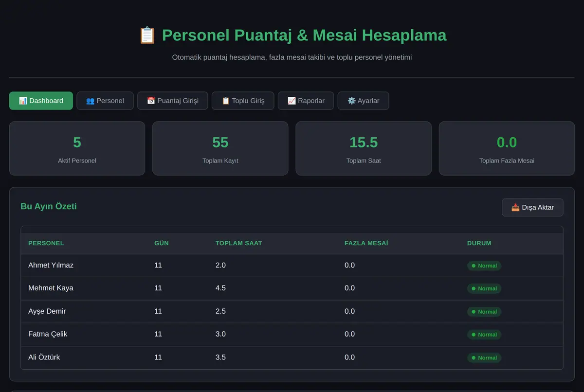 Personel Puantaj & Mesai Hesaplama Aracı ekran görüntüsü 2