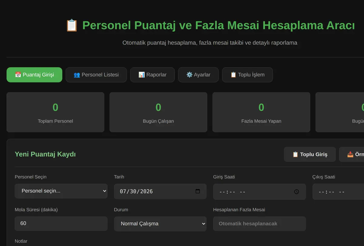 Personel Puantaj ve Fazla Mesai Hesaplama Aracı ekran görüntüsü