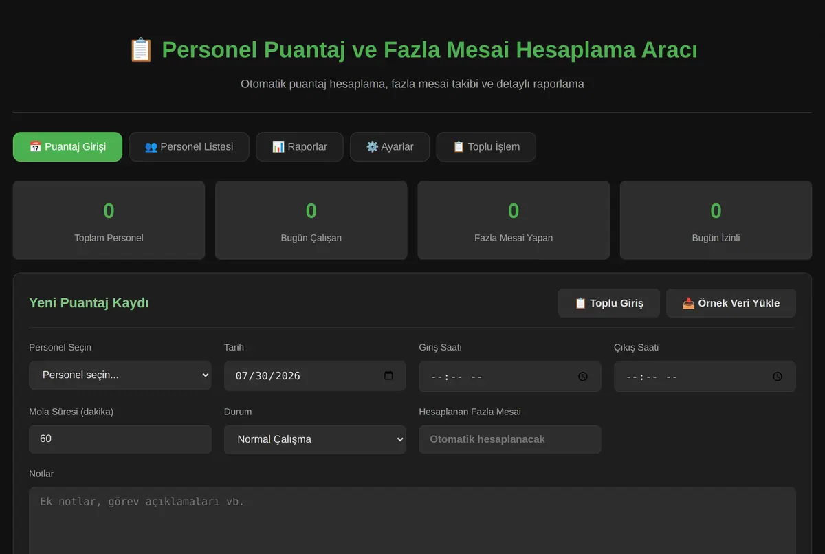 Personel Puantaj ve Fazla Mesai Hesaplama Aracı ekran görüntüsü 2