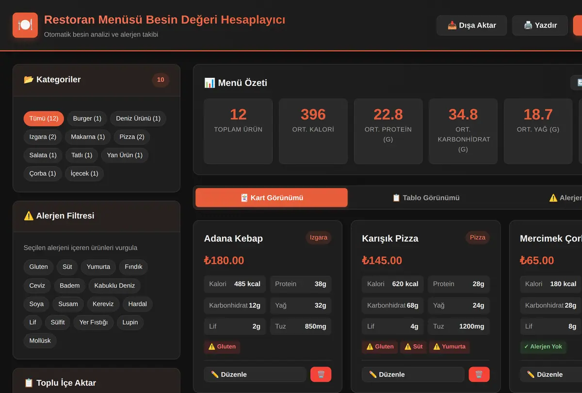 Restoran Menüsü Besin Değeri Hesaplayıcı ekran görüntüsü