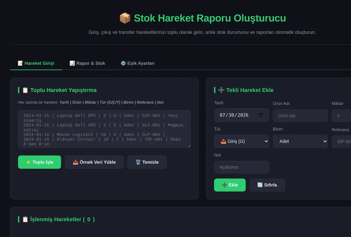 Stok Hareket Raporu Oluşturucu ekran görüntüsü