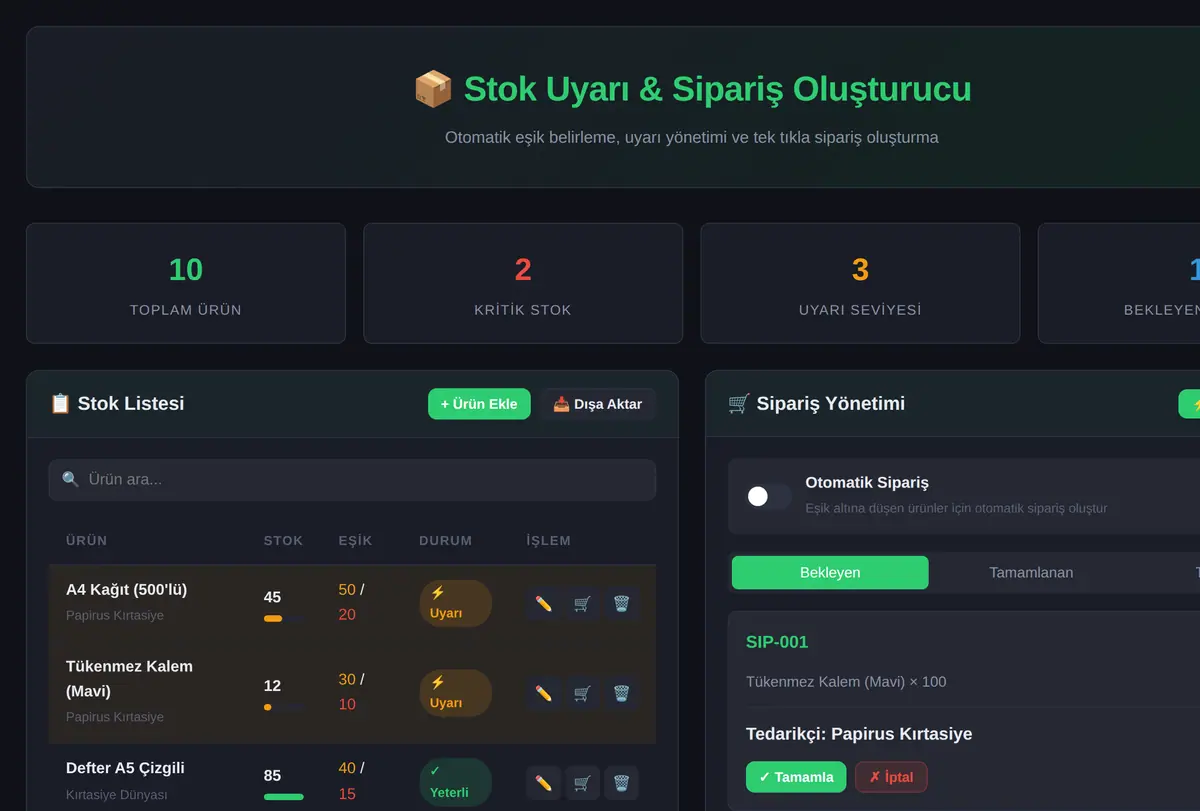 Stok Uyarı & Sipariş Oluşturucu ekran görüntüsü