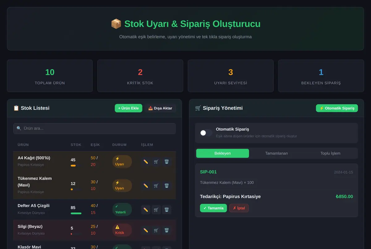 Stok Uyarı & Sipariş Oluşturucu ekran görüntüsü 2