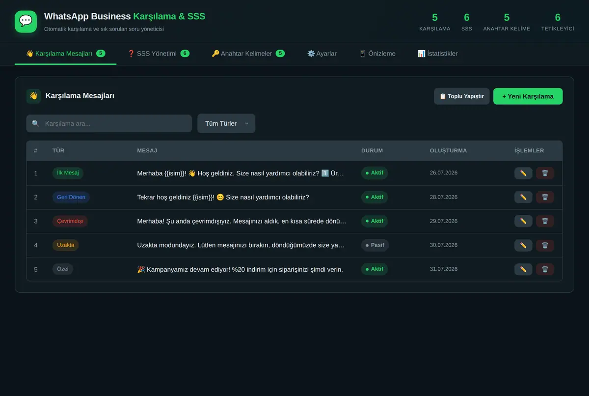 WhatsApp Business Karşılama ve SSS Yöneticisi ekran görüntüsü 2
