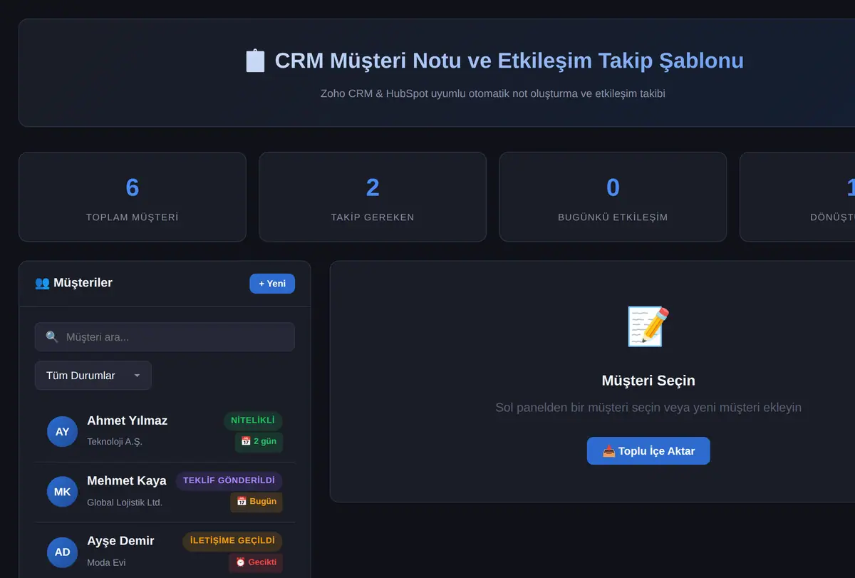 CRM Müşteri Notu ve Etkileşim Takip Şablonu ekran görüntüsü