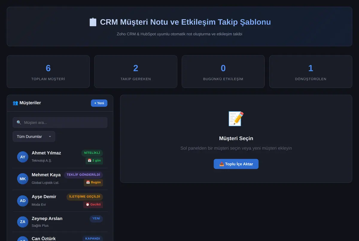 CRM Müşteri Notu ve Etkileşim Takip Şablonu ekran görüntüsü 2