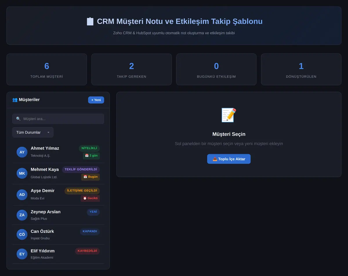 CRM Müşteri Notu ve Etkileşim Takip Şablonu ekran görüntüsü 3