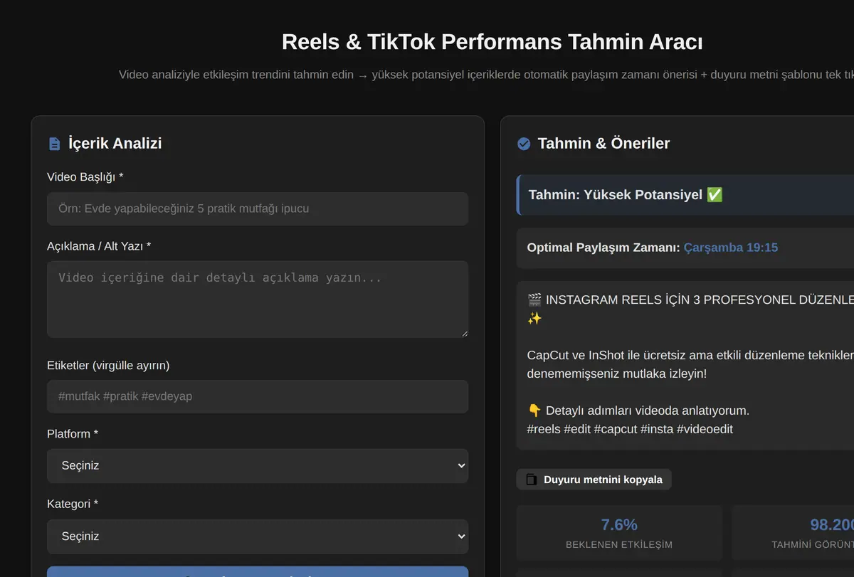 Reels & TikTok Performans Tahmin Aracı ekran görüntüsü
