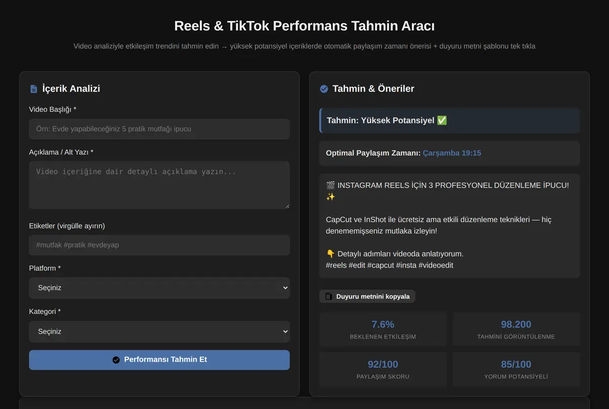 Reels & TikTok Performans Tahmin Aracı ekran görüntüsü 2
