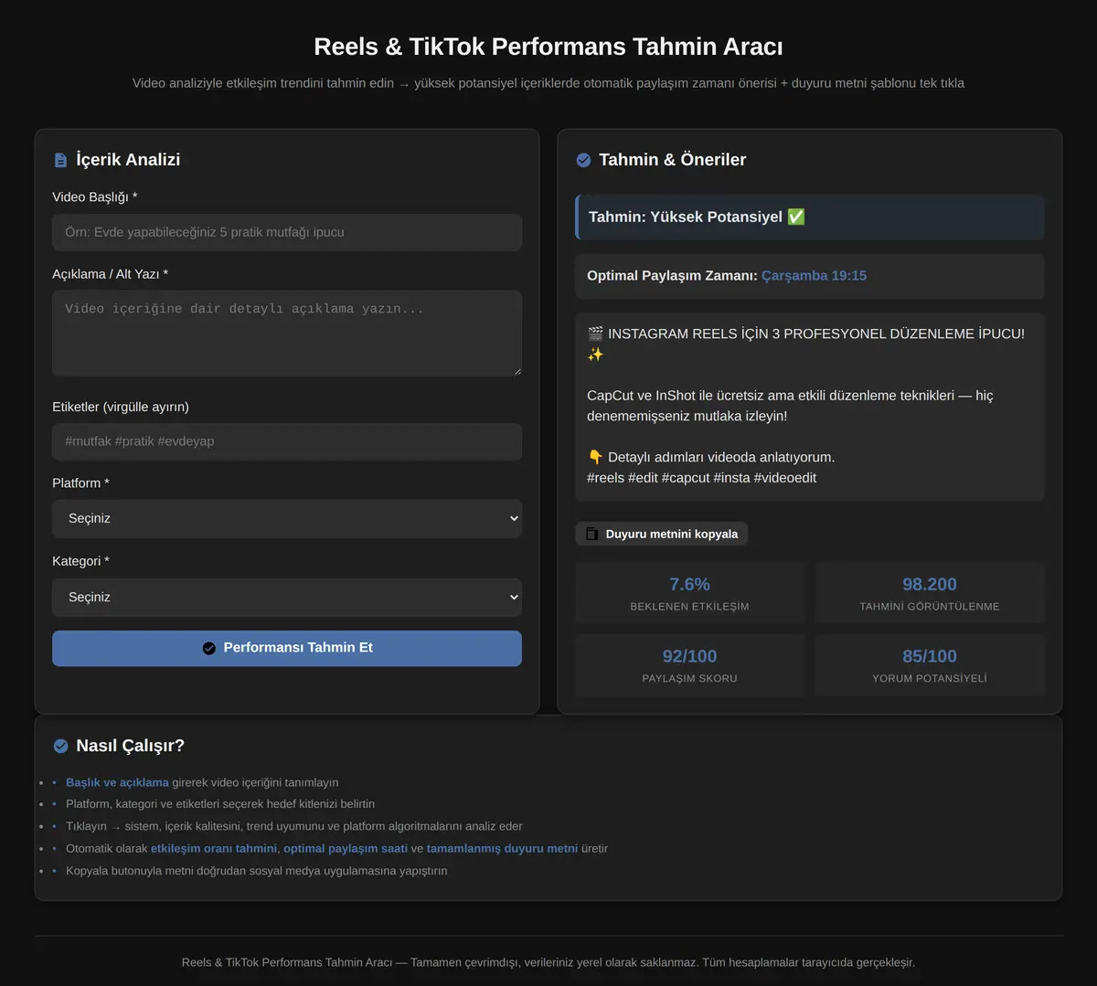 Reels & TikTok Performans Tahmin Aracı ekran görüntüsü 3