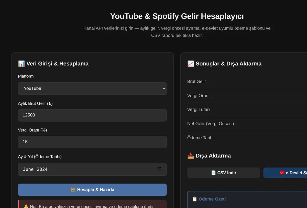 YouTube & Spotify Gelir Hesaplayıcı ekran görüntüsü