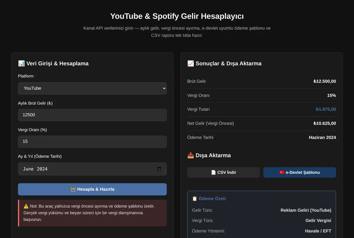 YouTube & Spotify Gelir Hesaplayıcı ekran görüntüsü 2