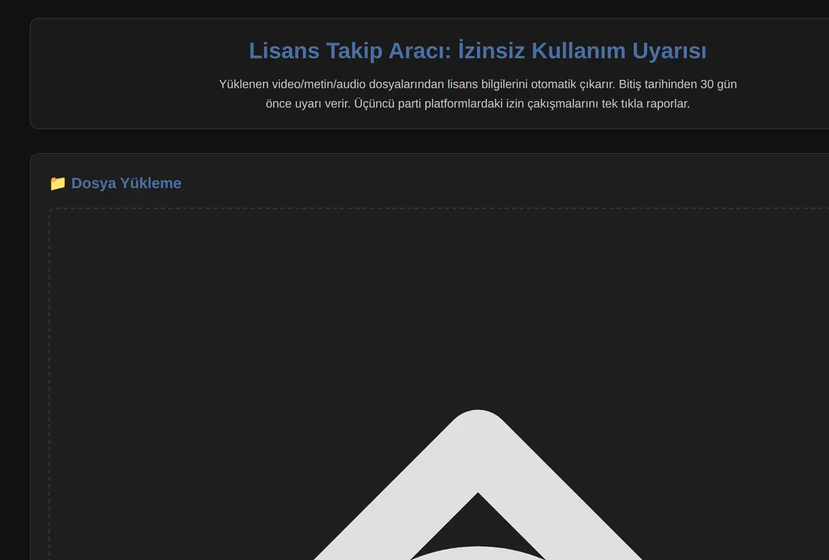 Lisans Takip Aracı: İzinsiz Kullanım Uyarısı ekran görüntüsü