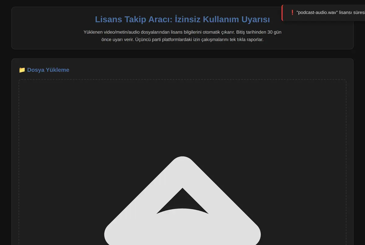 Lisans Takip Aracı: İzinsiz Kullanım Uyarısı ekran görüntüsü 2