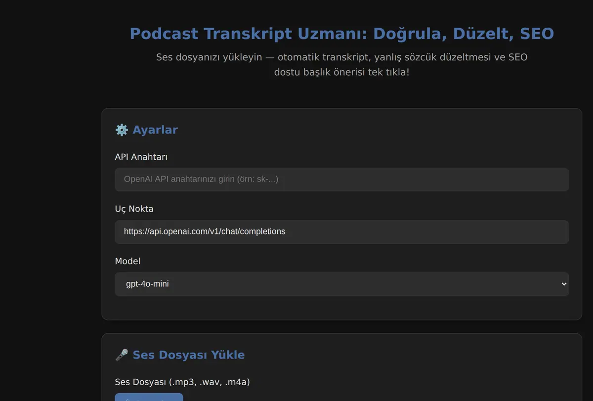 Podcast Transkript Uzmanı: Doğrula, Düzelt, SEO ekran görüntüsü