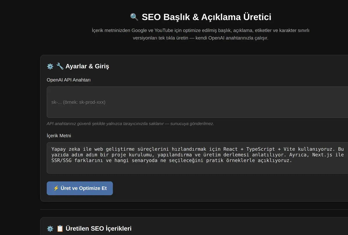 SEO Başlık & Açıklama Üretici ekran görüntüsü