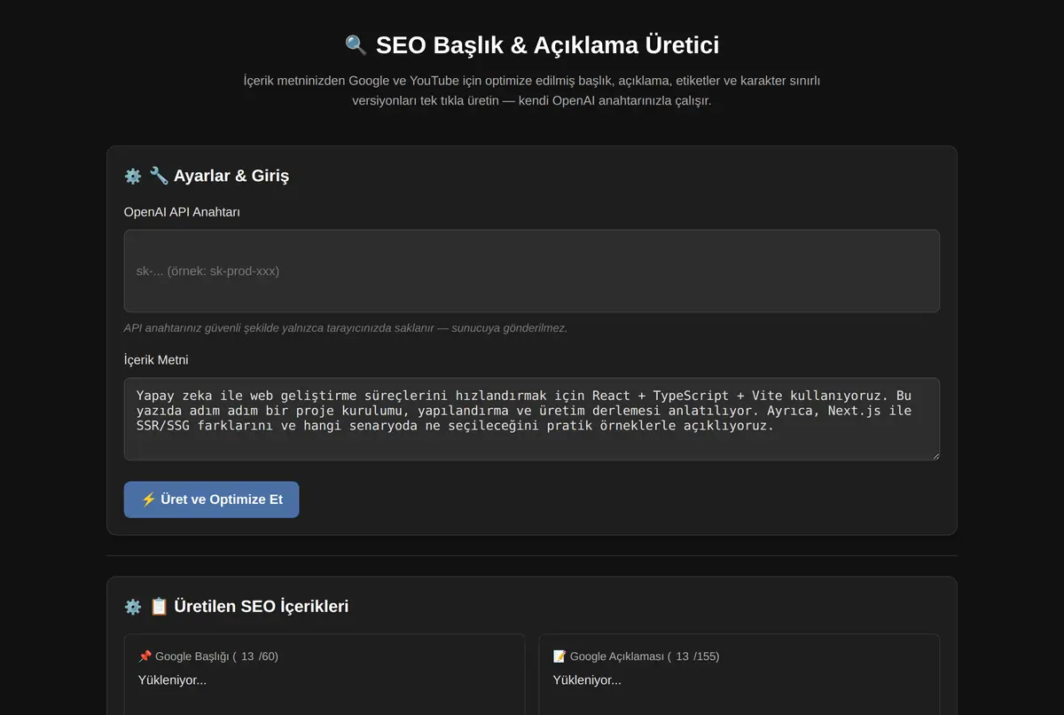 SEO Başlık & Açıklama Üretici ekran görüntüsü 2