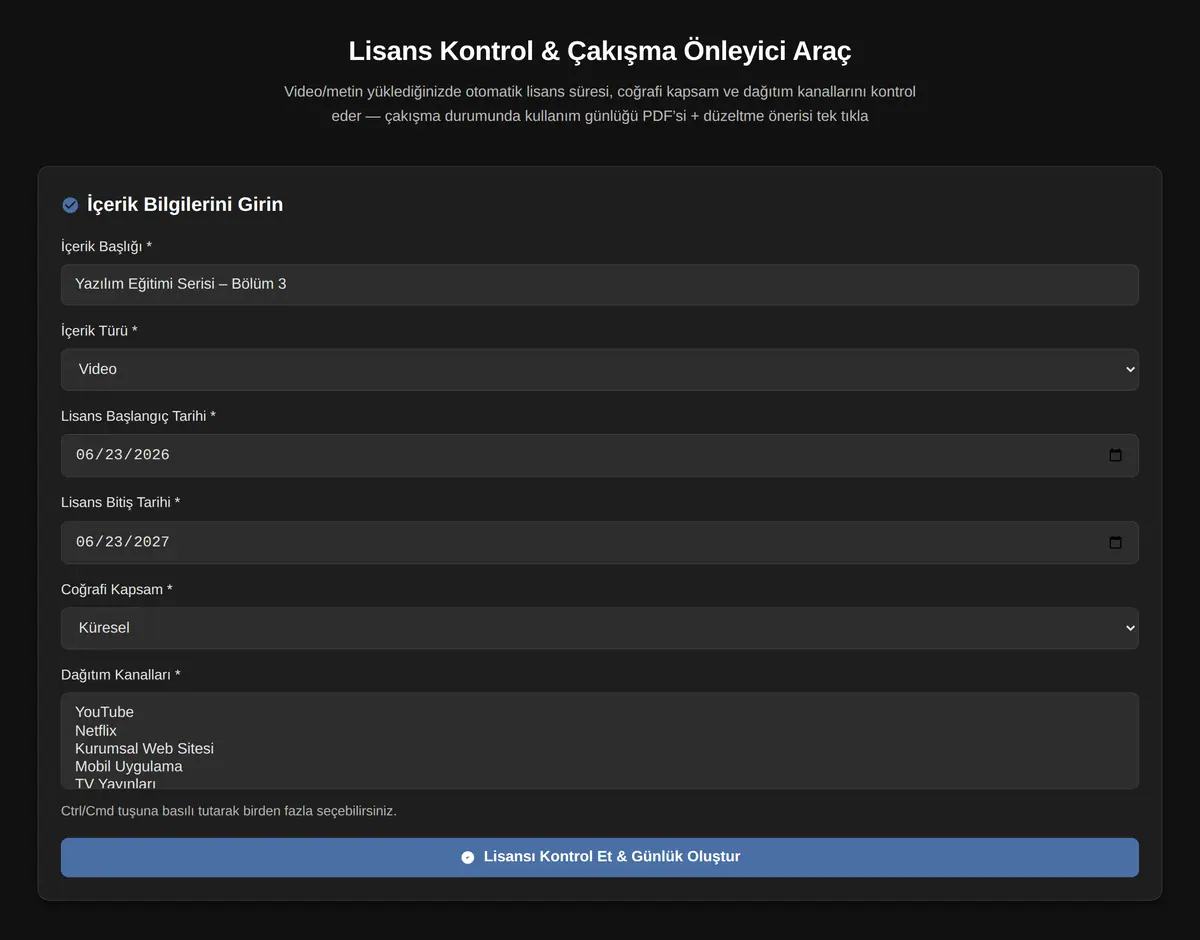 Lisans Kontrol & Çakışma Önleyici Araç ekran görüntüsü 3