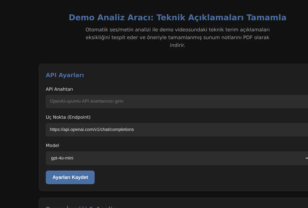 Demo Analiz Aracı: Teknik Açıklamaları Tamamla ekran görüntüsü