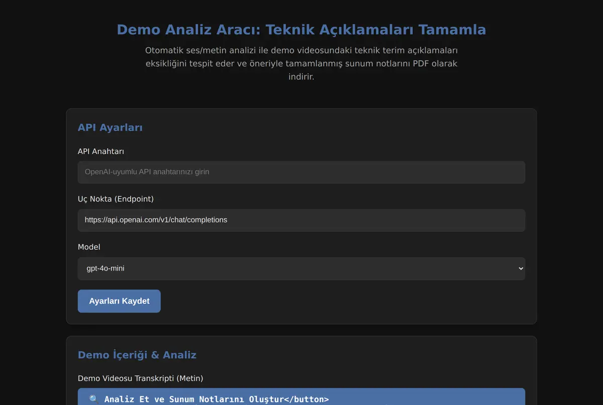 Demo Analiz Aracı: Teknik Açıklamaları Tamamla ekran görüntüsü 2