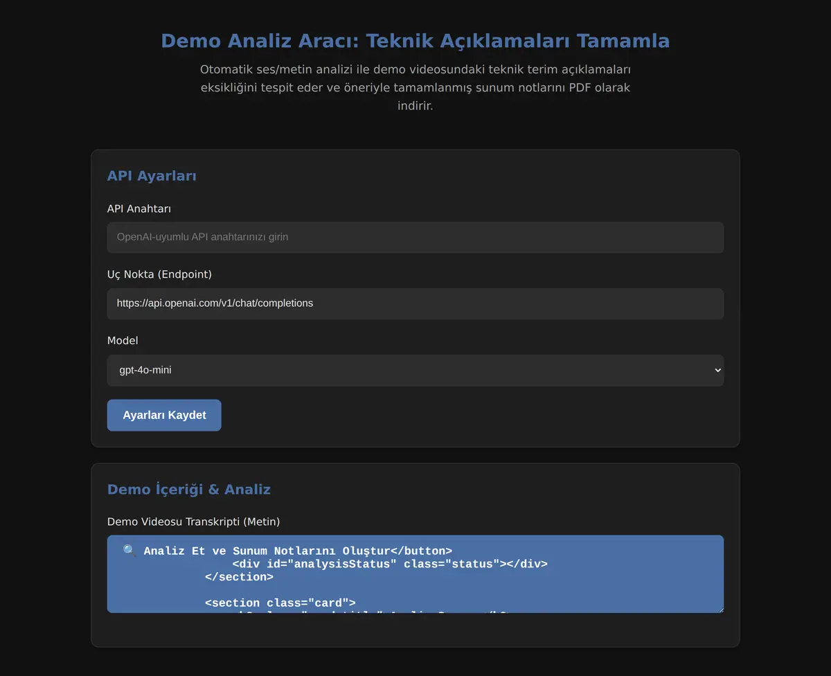 Demo Analiz Aracı: Teknik Açıklamaları Tamamla ekran görüntüsü 3