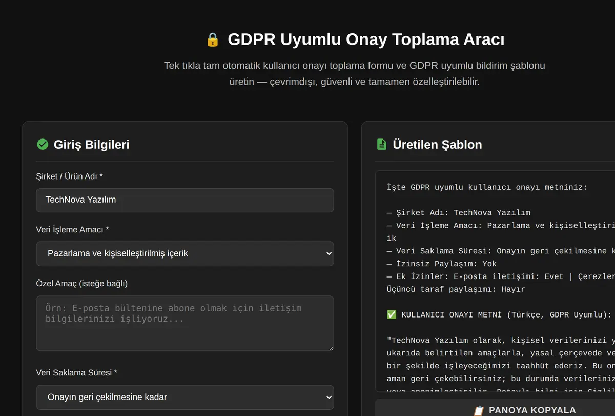 GDPR Uyumlu Onay Toplama Aracı ekran görüntüsü