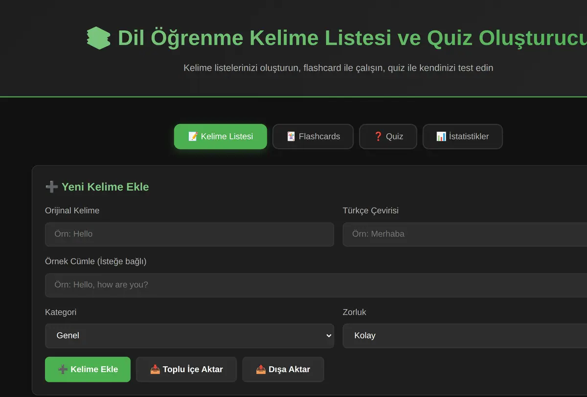 Dil Öğrenme Kelime Listesi ve Quiz Oluşturucu ekran görüntüsü