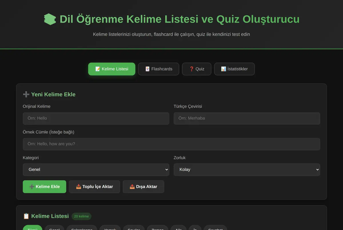 Dil Öğrenme Kelime Listesi ve Quiz Oluşturucu ekran görüntüsü 2