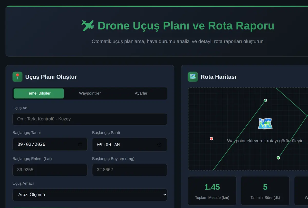 Drone Uçuş Planı ve Rota Raporu ekran görüntüsü