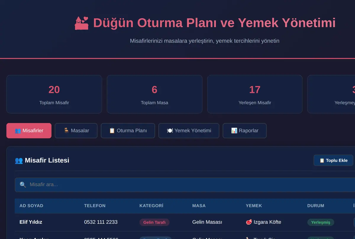 Düğün Oturma Planı ve Yemek Yönetimi ekran görüntüsü