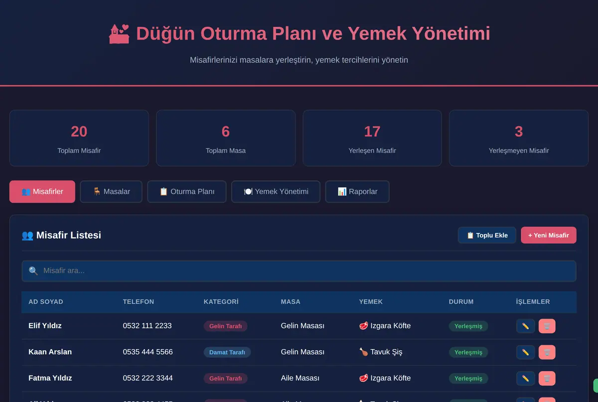 Düğün Oturma Planı ve Yemek Yönetimi ekran görüntüsü 2