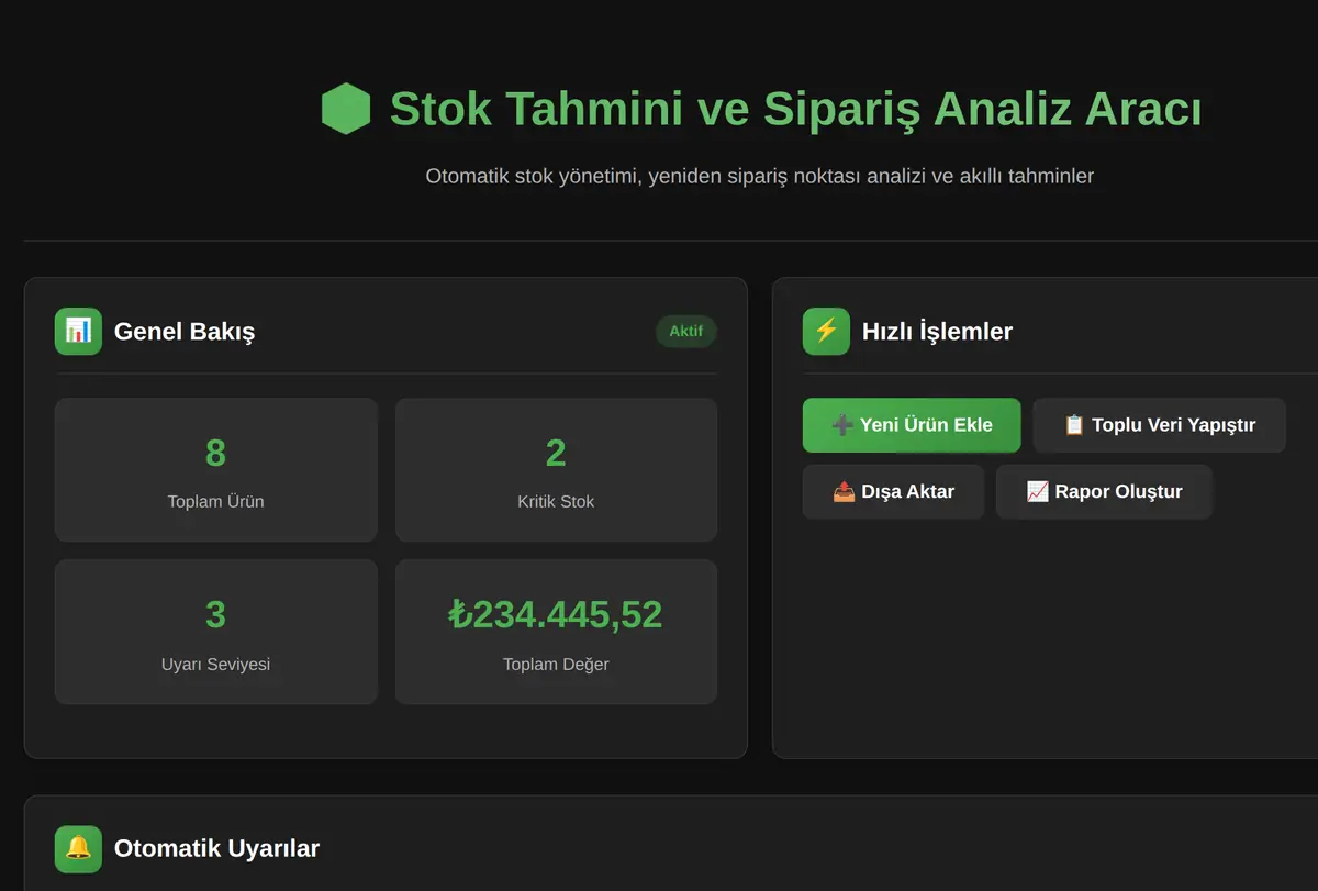 Stok Tahmini ve Sipariş Analiz Aracı ekran görüntüsü