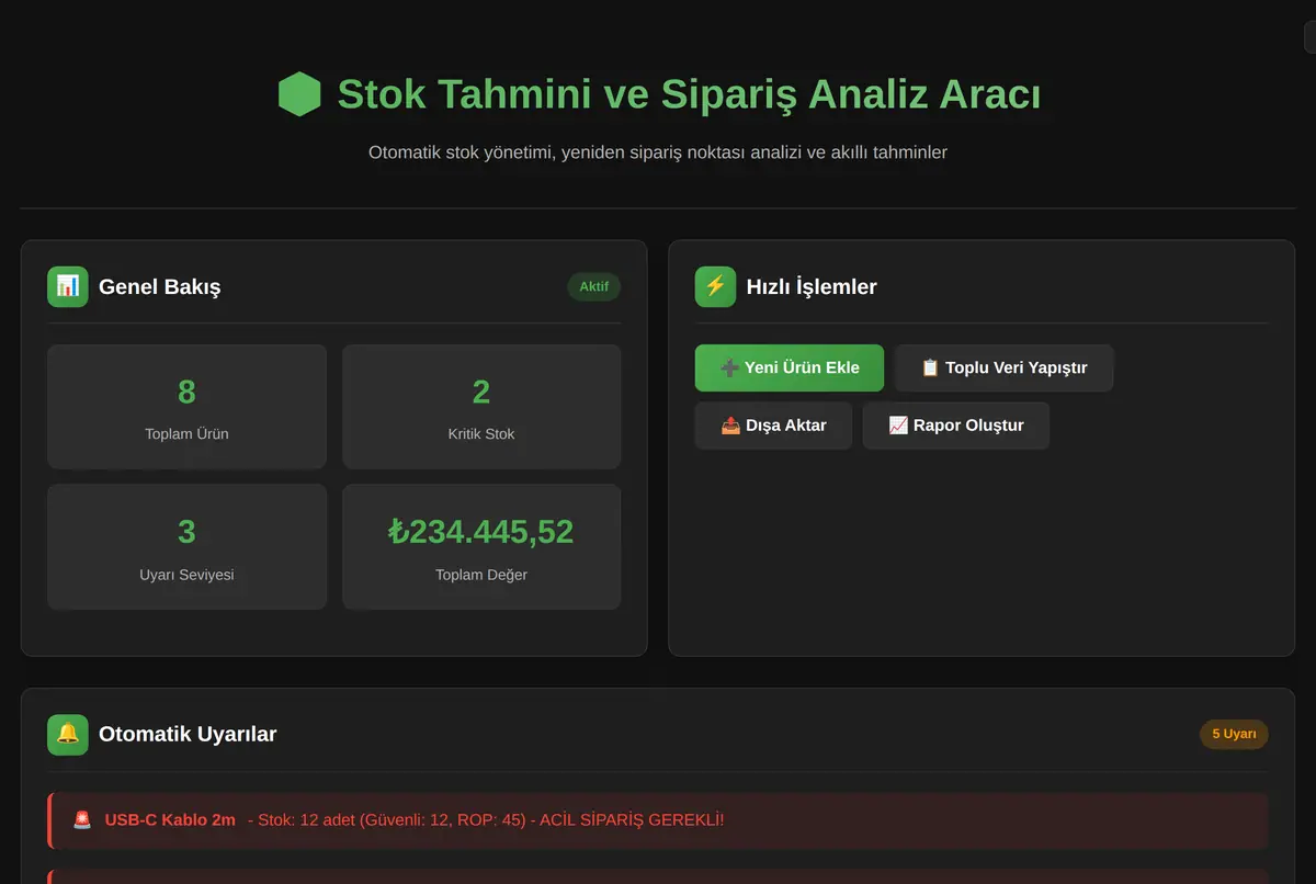 Stok Tahmini ve Sipariş Analiz Aracı ekran görüntüsü 2