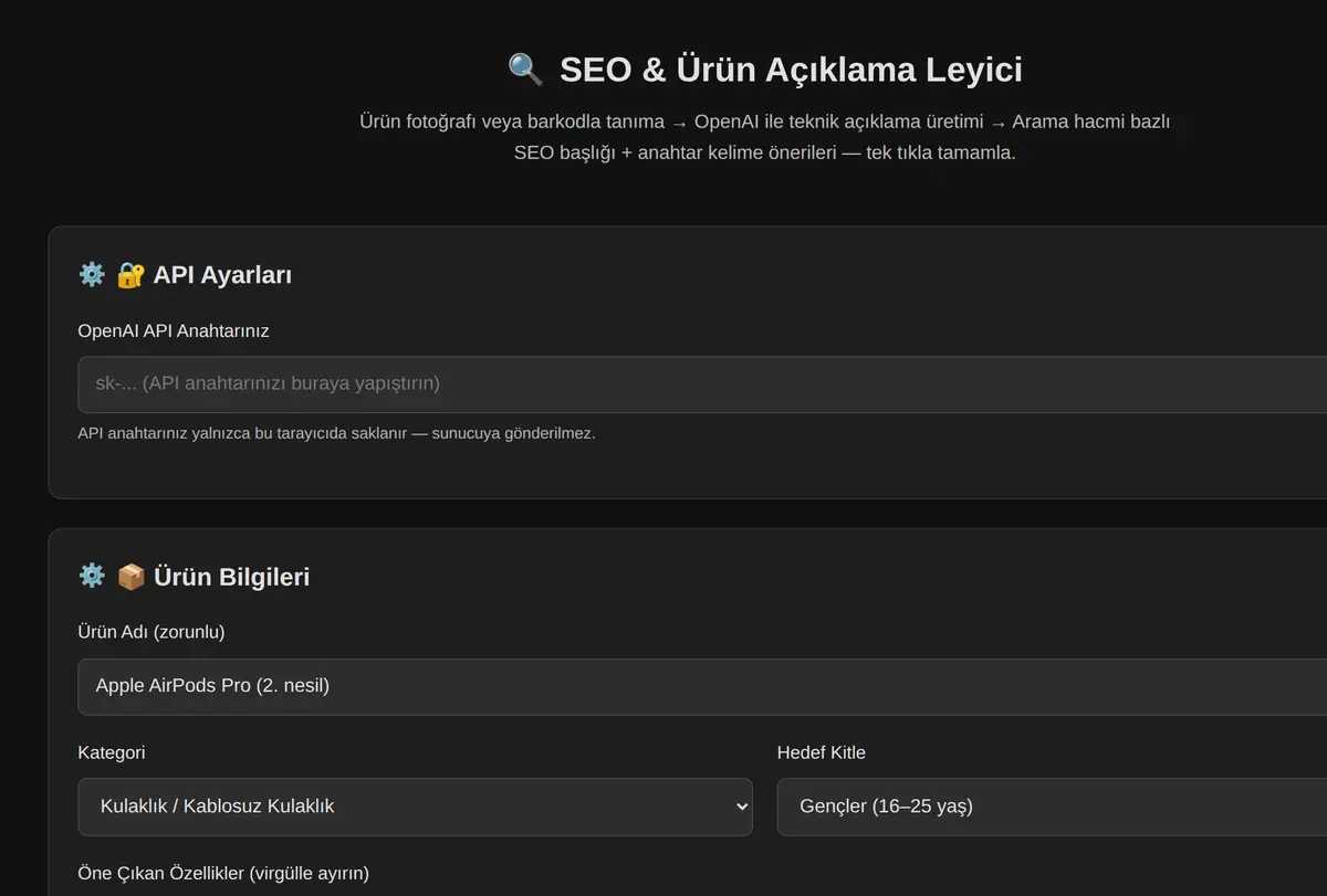 SEO & Ürün Açıklama Leyici ekran görüntüsü