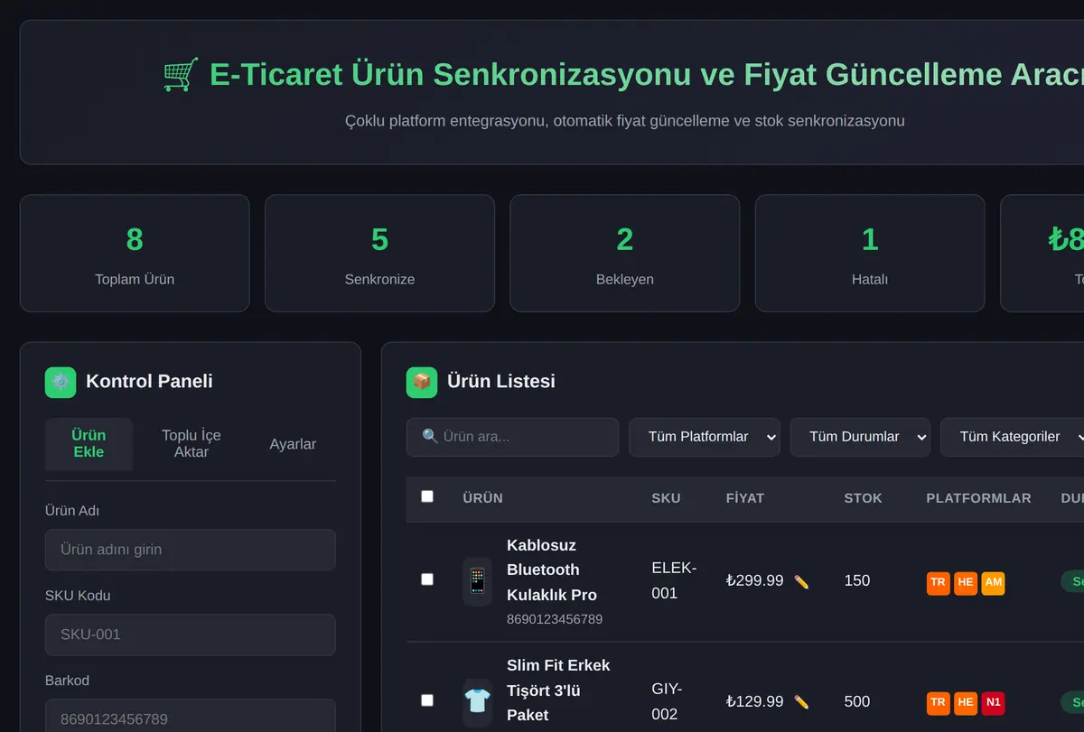 E-Ticaret Ürün Senkronizasyonu ve Fiyat Güncelleme Aracı ekran görüntüsü