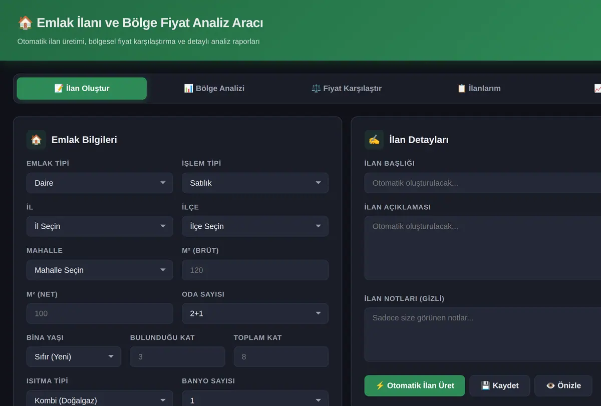 Emlak İlanı ve Bölge Fiyat Analiz Aracı ekran görüntüsü